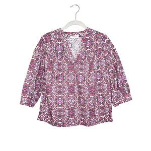 Avara Blouse Womens Small Pink Geometric V Neck 3/4 Balloon Sleeve Top Boho